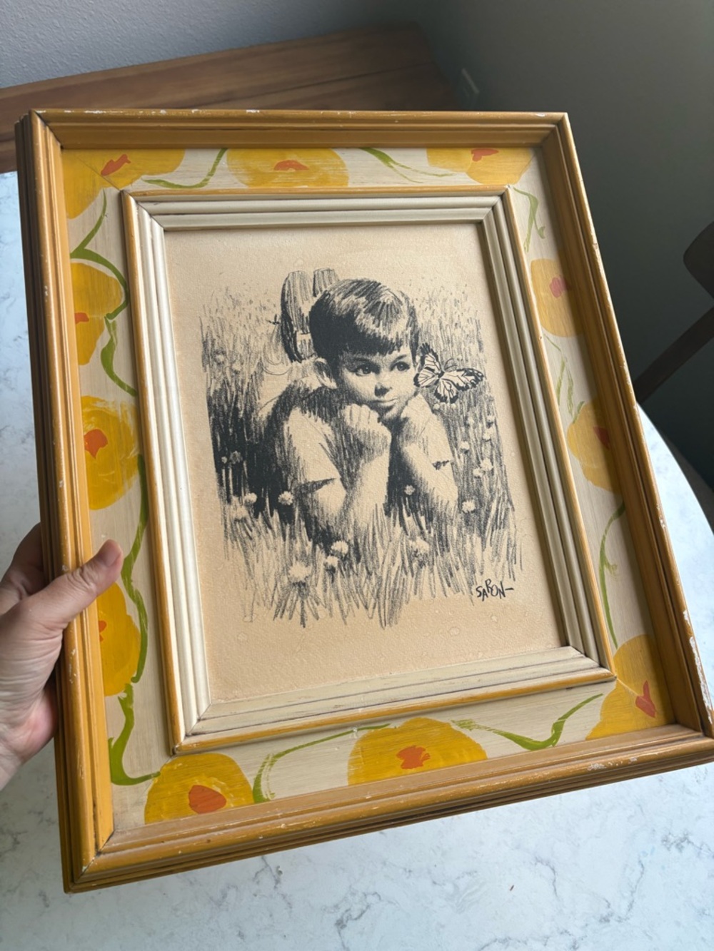 Framed Vintage Pencil Sketch of Boy with Butterfly - Yellow Floral Frame